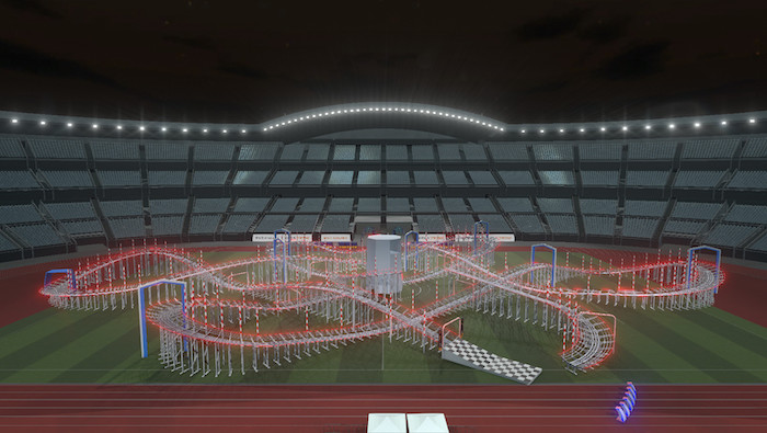 Screenshot of EreaDrone 2018 with the FAI 2018 World Drone Racing Championship (Shenzhen, China) track